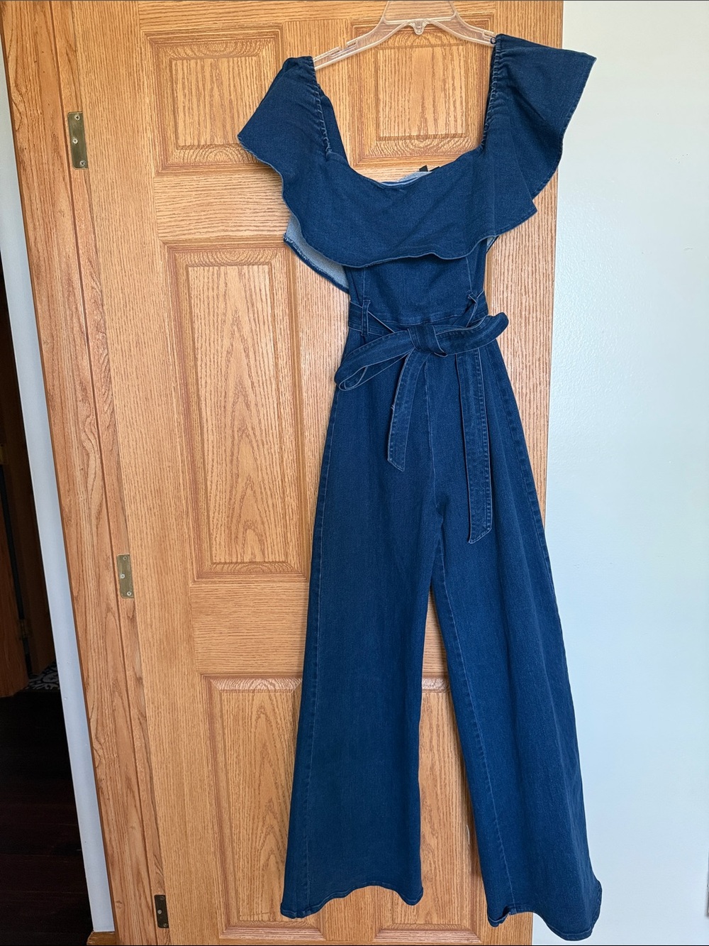 Vici Dark Blue Denim Ruffle-Trim Wide-Leg Jumpsuit